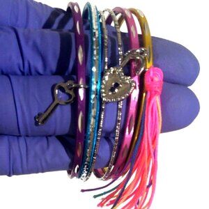 Boho Set of 6 Multicolor Bangle Bracelets w/ Tassel & Charms – Stackable, 7-inch